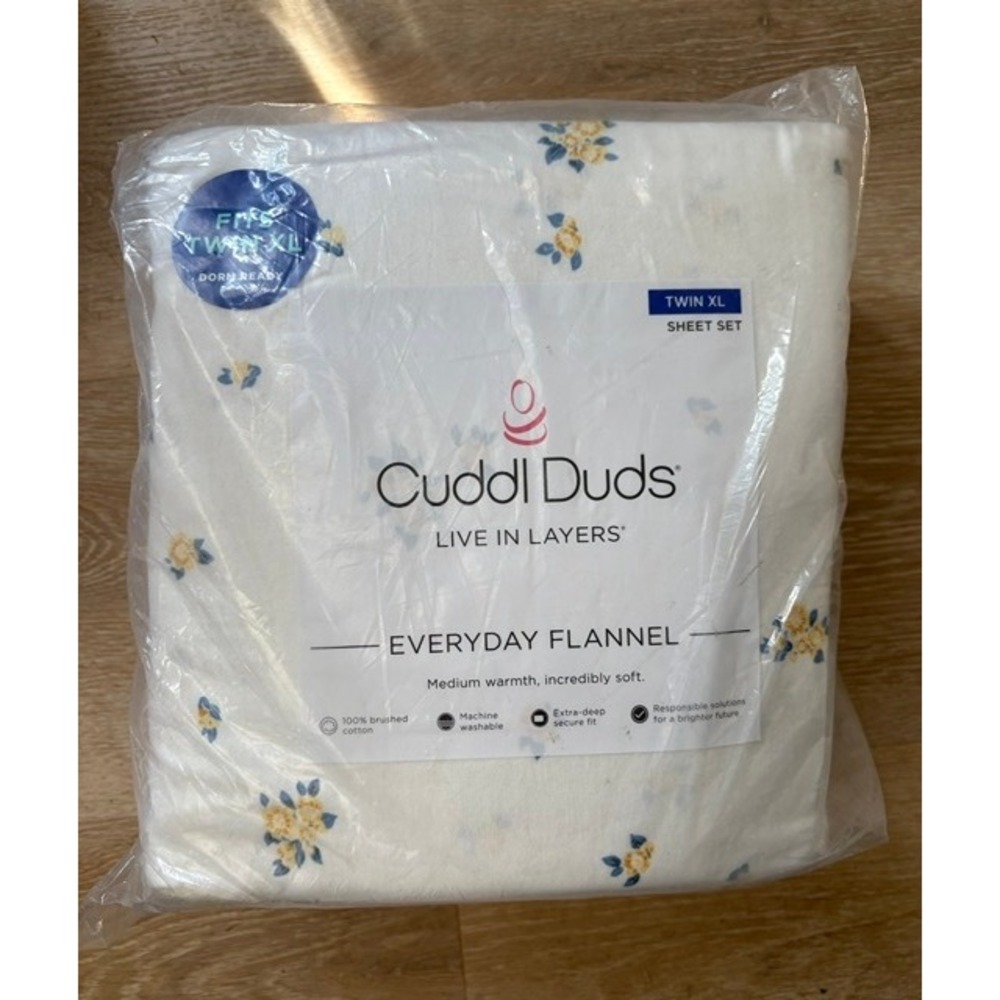 Cuddl Duds Everyday Flannel Twin XL Sheet Set White Yellow Floral 100% Cotton